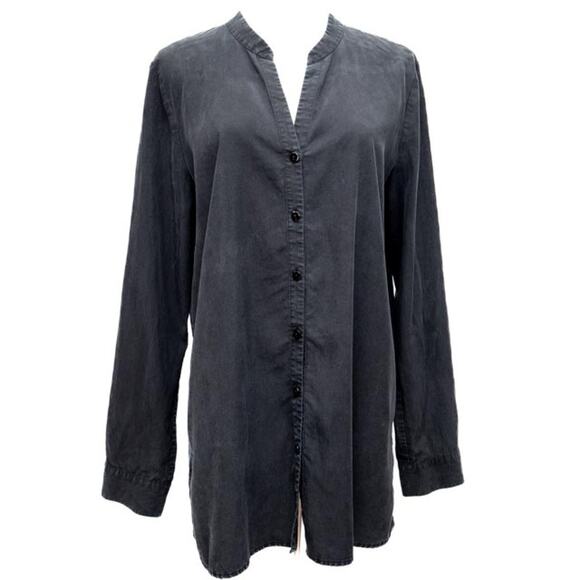 Eileen Fisher Black Silky V-Neck Button Down Shirt Size Medium - Picture 1 of 9